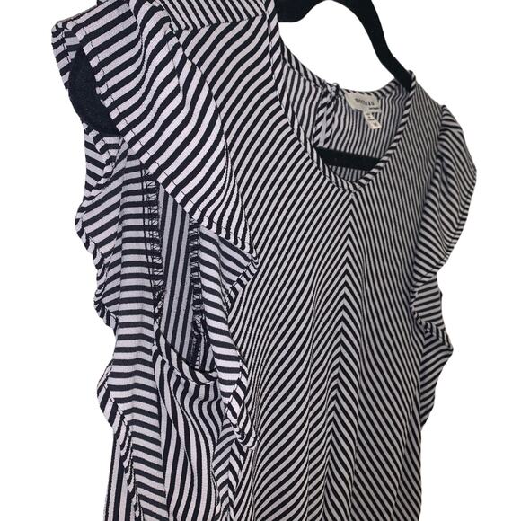 Monteau Black and White Stripped Ruffle Short Sleeve Tie Front Top Size M - Picture 3 of 6